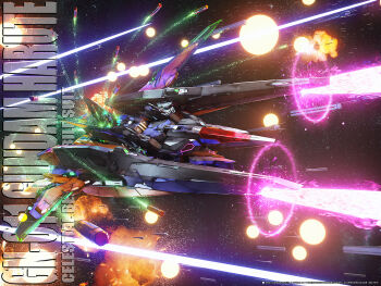 absurdres alternate_form character_name energy_cannon explosion firing gundam gundam_00 gundam_00_a_wakening_of_the_trailblazer gundam_harute highres itano_circus laser lolicon_(lolicon42051636) mecha missiles no_humans photoshop_(medium) robot science_fiction space spacecraft star_(sky) starfighter