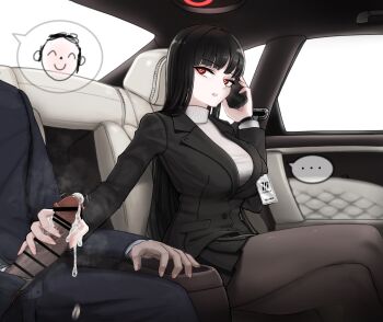 1boy 1girl absurdres bar_censor black_hair black_jacket black_pantyhose black_skirt blue_archive blunt_bangs breasts car_interior cellphone censored crossed_legs cum cum_on_body cum_on_hands doodle_sensei_(blue_archive) ejaculation formal_clothes handjob hetero highres holding holding_phone jacket large_breasts long_hair long_sleeves looking_at_another mildt miniskirt motion_lines office_lady pantyhose parted_lips penis penis_out phone pleated_skirt red_eyes rio_(blue_archive) sensei_(blue_archive) sitting skirt smartphone steaming_body suit sweater very_long_hair white_sweater