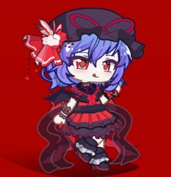 1girl arm_up black_boots blue_hair blush boots bow chest_jewel chibi chibi_only dress frilled_dress frilled_shirt_collar frilled_sleeves frills gacha_life_(medium) hair_ribbon jewelry large_bow light_blush lowres mini_wings puffy_sleeves purple_hair red_bow remilia_scarlet remilia_scarlet_(tiny_devil_mistress) ribbon short_hair short_sleeves smile tongue tongue_out touhou touhou_lostword wings wrist_cuffs