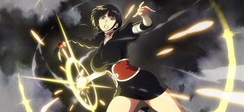 1girl badge black_hair bleach bleach:_brave_souls bleach:_sennen_kessen-hen braid braided_ponytail breasts choker clenched_teeth dynamic_pose energy_ball feet_out_of_frame female_focus fighting_stance fukutaichou_badge highres japanese_clothes kimono kurotsuchi_nemu large_breasts light_particles long_hair official_art second-party_source smoke solo solo_focus teeth thighs