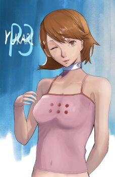 1girl bare_shoulders breasts brown_hair crop_top heart jewelry lips medium_breasts necklace nogami_rei one_eye_closed persona persona_3 sleeveless takeba_yukari wink