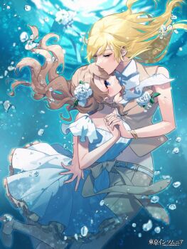 2girls air_bubble alpaca_connect anklet bare_arms bare_shoulders bead_anklet beads blonde_hair blue_eyes blush boutonniere bow bowtie bracelet breasts brown_hair brown_jacket brown_pants bubble cleavage collarbone couple cropped_jacket detached_collar dress dress_pants ear_piercing earrings feet_out_of_frame floating_hair flower foot_out_of_frame frilled_dress frilled_sleeves frills gold_bracelet hair_between_eyes half-closed_eyes hand_on_another&#039;s_hip hanon_ssk high_heels holding_hands interlocked_fingers jacket jewelry kiss kissing_forehead long_hair looking_at_another medium_dress midriff multiple_girls nail_polish notched_ear pants parted_lips piercing profile rose shirt shoes short_sleeves sleeveless sleeveless_jacket stud_earrings swept_bangs underwater waist_bow wavy_hair white_bow white_bowtie white_dress white_flower white_rose white_shirt yellow_bow yellow_nails yellow_shoes yuri