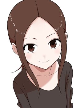 Rule 34 | 1girl, absurdres, blush, brown eyes, brown hair, closed mouth, collarbone, forehead, highres, inaba mifumi, karakai jouzu no (moto) takagi-san, karakai jouzu no takagi-san, long hair, looking at viewer, shirt, sidelocks, simple background, smile, solo, takagi-san, upper body, white background