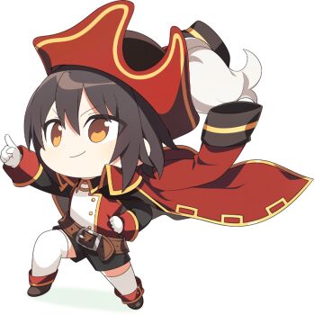 1girl alpha_transparency anime_coloring belt belt_buckle black_shoes black_shorts black_sleeves brown_belt brown_hair buckle buttons chibi chibi_only closed_mouth coat coat_on_shoulders eyes_visible_through_hair full_body gloves gold_buttons hair_between_eyes hand_on_own_hip hat ispin_charles jacket large_belt legs_apart long_sleeves loose_belt nexon no_pupils official_art pirate_hat plume pointing red_coat red_hat red_jacket red_sleeves second-party_source shoes short_hair shorts simple_background sleeve_cuffs smile solo standing tales_weaver thighhighs transparent_background v-shaped_eyebrows white_gloves white_thighhighs wing_collar yellow_eyes yellow_trim