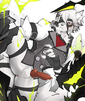 1boy absurdres animal_ears animal_penis anus ascot ass black_gloves blush claws colored_tips commentary cropped english_commentary ethereal_(zenless_zone_zero) eyepatch fingerless_gloves furry furry_male gloves grey_vest highres male_focus multicolored_hair no_pants paid_reward_available penis penis_peek precum red_ascot shirt shoko_contane sweat tail tail_belt thigh_strap vest von_lycaon white_background white_shirt wolf_boy wolf_ears wolf_tail zenless_zone_zero
