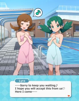 2girls blue_sky blush brown_eyes brown_hair character_name english_text female_focus green_eyes green_hair heart in-franchise_crossover kohatsuka kris_(pokemon) looking_at_viewer lyra_(pokemon) matching_hair/eyes multiple_girls musical_note naked_towel nintendo open_mouth outdoors paid_reward_available pokemon pokemon_gsc pokemon_hgss pokemon_masters_ex pool poolside seductive_smile sky smile spoken_heart standing towel twintails variant_set