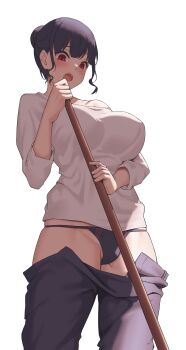 1girl absurdres bare_shoulders black_hair black_panties black_pants blush breasts hair_bun highres jilu large_breasts long_sleeves medium_hair mop off_shoulder open_mouth original panties pants red_eyes shirt solo underwear white_shirt