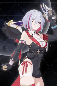 1girl absurdres bare_shoulders belt black_belt black_gloves breasts cowboy_shot detached_sleeves elbow_gloves gloves grey_hair grin gun handgun highres holding holding_gun holding_weapon honkai:_star_rail honkai_(series) long_sleeves looking_at_viewer multicolored_hair numby_(honkai:_star_rail) one_eye_closed red_hair short_hair single_elbow_glove small_breasts smile standing streaked_hair thighs topaz_(honkai:_star_rail) trotter_(honkai:_star_rail) walnutsoup weapon