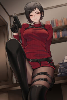 1girl absurdres ada_wong black_gloves black_hair black_pantyhose bookshelf boots breasts chest_harness dress gloves gun handgun harness highres holding holding_gun holding_weapon looking_at_viewer medium_breasts pantyhose red_dress red_sweater resident_evil resident_evil_4 resident_evil_4_(remake) short_hair solo sweater sweater_dress thigh_boots turtleneck turtleneck_dress weapon wonnikon
