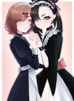 Rule 34 | 2girls, absurdres, altenasoul, alternate costume, apron, asymmetrical bangs, black choker, black dress, black hair, black nails, brown hair, choker, closed mouth, commentary, dress, earrings, enmaided, eyelashes, from side, gloria (pokemon), green eyes, hair ornament, hair ribbon, hairclip, hand up, headdress, highres, holding hands, jewelry, looking at viewer, looking to the side, maid, marnie (pokemon), multiple girls, nail polish, nintendo, pokemon, pokemon swsh, purple eyes, red ribbon, ribbon, short hair, smile