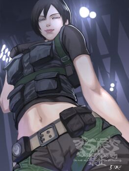 1girl 5tatsu ada_wong artist_name belt black_gloves black_hair black_shirt black_vest breasts closed_mouth crop_top from_behind gloves grey_eyes grey_pants hand_on_own_chest highres looking_at_viewer medium_breasts midriff navel pants resident_evil resident_evil_4 shirt short_hair short_sleeves solo utility_belt vest