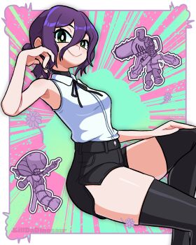 1boy 2boys absurdres apron artist_name bare_arms bare_shoulders barefoot billdadinosaur black_choker black_ribbon black_shorts black_thighhighs bomb bomb_devil_(chainsaw_man) border breasts chainsaw chainsaw_devil chainsaw_man chibi chibi_inset choker cleavage closed_mouth collared_shirt commentary cow dual_persona explosion explosion_background explosive green_eyes grenade_pin hair_between_eyes hair_bun hand_on_own_thigh highres looking_at_viewer medium_breasts medium_hair multiple_boys neck_ribbon purple_hair reze_(chainsaw_man) ribbon sharp_teeth shirt shorts skindentation sleeveless sleeveless_shirt smile teeth thighhighs tongue tongue_out updo white_border white_shirt