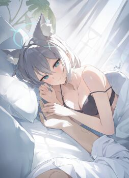1girl absurdres animal_ears bare_shoulders bed_sheet black_bra blue_archive blue_eyes blue_halo blush bra breasts cleavage closed_mouth collarbone commentary_request day fingernails grey_hair hair_between_eyes halo highres indoors large_breasts long_hair looking_at_viewer lying mesilmen on_bed on_side out_of_frame pillow pov pov_across_bed shiroko_(blue_archive) signature smile solo_focus strap_slip underwear very_long_hair wolf_ears