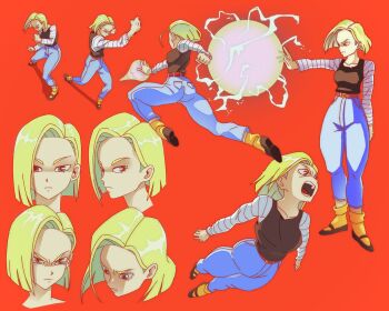 Rule 34 | 1girl, android 18, bandaged arm, bandages, black shoes, black tank top, blonde hair, blue eyes, blue pants, breasts, commentary, cropped head, deringshane, dragon ball, dragonball z, electricity, english commentary, fighting stance, flying, full body, furrowed brow, hair between eyes, medium breasts, multiple views, orange socks, pants, parted bangs, red background, shoes, short hair, socks, solo, tank top