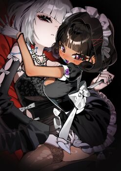 2girls absurdres back_bow bare_shoulders black_background black_dress black_hair black_thighhighs blood blood_from_neck blue_blood blunt_bangs blush bow breasts choker colored_tongue dark-skinned_female dark_skin detached_sleeves dress fang fingernails frilled_sleeves frills gloves hair_intakes hair_ornament hairclip highres jewelry lace lace_thighhighs large_breasts long_fingernails looking_at_viewer maid_headdress multiple_girls multiple_rings nail_polish necklace original parallel_hairclips puffy_short_sleeves puffy_sleeves red_eyes ring scocasr short_hair short_sleeves simple_background sitting sitting_on_lap sitting_on_person skindentation smile thighhighs torn_clothes torn_thighhighs vampire vampire_bite white_bow white_gloves white_hair yuri