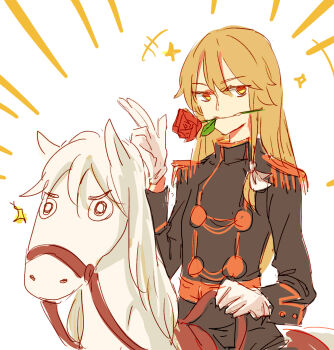 Rule 34 | +++, 1girl, alternate costume, bigreen, black jacket, commentary, commentary request, crossdressing, crossdressing (ftm), epaulettes, flower, fringe trim, gloves, highres, holding, holding reins, horseback riding, jacket, kirisame marisa, long sleeves, looking at viewer, mouth hold, prince, red flower, red rose, reins, riding, rose, saddle, solo, sparkle, touhou, white gloves, white horse