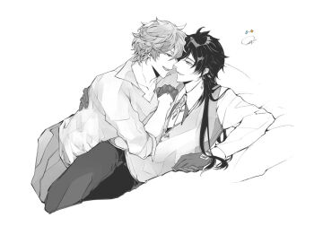 Rule 34 | 004s 4, 2boys, almost kiss, couple, genshin impact, greyscale, guitar, hand on another's back, image sample, instrument, monochrome, multiple boys, pixiv, pixiv sample, tartaglia (genshin impact), white background, yaoi, zhongli (genshin impact)