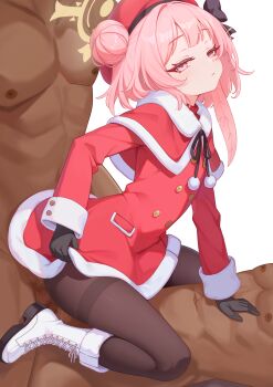 1girl 2boys absurdres anal ankle_boots beret black_bow black_gloves black_pantyhose blue_archive boots bow capelet censored closed_mouth clothed_female_nude_male cross-laced_footwear dark-skinned_male dark_skin double_penetration dress expressionless feather_hair fur-trimmed_capelet fur_trim gloves group_sex hair_bun halo hat hat_bow highres linhangwei long_sleeves looking_at_viewer mmf_threesome mosaic_censoring multiple_boys muscular muscular_male navel nude official_alternate_costume official_alternate_hairstyle pantyhose pink_eyes pink_hair pom_pom_(clothes) red_capelet red_dress red_hat revision santa_costume santa_dress serina_(blue_archive) serina_(christmas)_(blue_archive) simple_background single_hair_bun single_side_bun thighband_pantyhose threesome white_background white_footwear yellow_halo