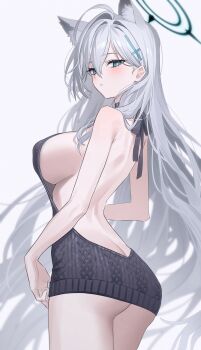 1girl absurdres ahoge animal_ear_fluff animal_ears ass backless_outfit bare_arms bare_shoulders blue_archive blue_eyes blush breasts bright_pupils butt_crack cat_ears cross_hair_ornament fymrie grey_hair grey_sweater hair_ornament halo highres large_breasts looking_at_viewer looking_back mismatched_pupils parted_lips shiroko_terror_(blue_archive) sleeveless sleeveless_sweater sweater thighs virgin_killer_sweater white_pupils