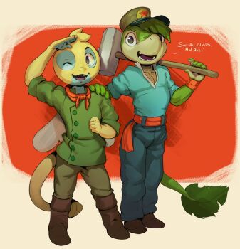 2boys apis blonde_hair communist_party_of_china dunsparce fangs furry gen_2_pokemon gen_5_pokemon green_hair male_focus monster_boy multiple_boys nintendo one_eye_closed pants pectoral_cleavage pectorals pokemon pokemon_(creature) shirt snivy tail wings wink wristband