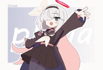 1girl :d absurdres arm_up black_choker black_eyes black_hairband black_jacket black_pantyhose black_serafuku black_shirt black_skirt blue_archive border braid character_name choker colored_inner_hair cowboy_shot hair_over_one_eye hair_ribbon hairband halo hashtag-only_commentary highres jacket long_hair long_sleeves looking_at_viewer multicolored_hair one_eye_covered open_clothes open_jacket open_mouth outside_border pantyhose parted_bangs pink_hair pixel_art plana_(blue_archive) red_halo ribbon school_uniform serafuku shirt single_braid skirt slmnk10124 smile solo two-tone_hair white_border white_hair white_ribbon