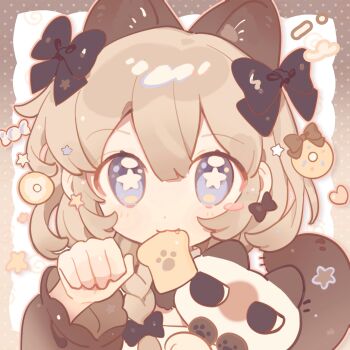 Rule 34 | 1girl, :3, animal ears, black bow, blue eyes, blush stickers, bow, bread, bread slice, brown hair, brown shirt, cat, cat ears, cat girl, closed mouth, commentary, dot nose, double-parted bangs, fang, fanqiealxe, food, food in mouth, hair between eyes, hair bow, highres, long sleeves, looking at viewer, original, portrait, shirt, short hair, solo, star-shaped pupils, star (symbol), symbol-only commentary, symbol-shaped pupils