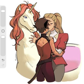 Rule 34 | 2girls, adora (she-ra), art program in frame, blonde hair, brown hair, cat girl, cat tail, catra, closed eyes, commentary, english commentary, highres, imminent kiss, jacket, long hair, multiple girls, red jacket, she-ra and the princesses of power, short hair, swift wind (she-ra), tail, treasuxe, unicorn, very short hair, yuri