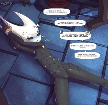 1girl 2boys absurdres arms_up arthropod_girl black_sclera black_skin chained_wrists colored_sclera colored_skin completely_nude english_text flat_chest highres hollow_knight hollow_knight:_silksong horned_mask hornet_(hollow_knight) mask multiple_boys navel needle_(hollow_knight) nipples nude pussy roadiesky solo_focus speech_bubble white_mask