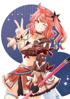 1girl atelier_(series) atelier_yumia braid breasts corset green_eyes grey_corset highres holding holding_weapon isla_von_duerer light_smile long_hair one_eye_closed orange_hair orange_skirt polearm simple_background skirt v weapon yachi_(ryz9v)