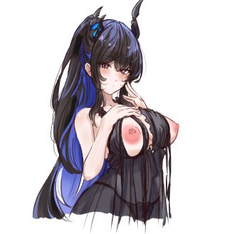 Rule 34 | 1girl, asymmetrical horns, black hair, black horns, black negligee, blue hair, breasts, colored inner hair, commentary, demon horns, english commentary, high ponytail, highres, hololive, hololive english, horns, lingerie, long hair, mole, mole under eye, multicolored hair, negligee, nerissa ravencroft, nightgown, nipples, official alternate hairstyle, penguin stamp, ponytail, red eyes, see-through clothes, see-through nightgown, sketch, smile, two-tone hair, underwear, uneven horns, virtual youtuber