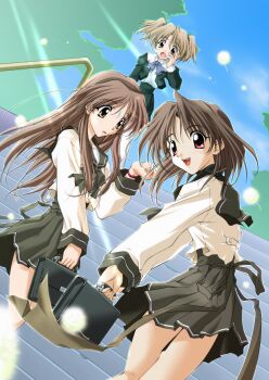 absurdres bag high-waist_skirt highres hizuki_ayaka ibuki_minamo imasaka_yue looking_at_viewer looking_at_watch memories_off memories_off_1 non-web_source official_art open_mouth school_bag school_uniform skirt smile surprised wind