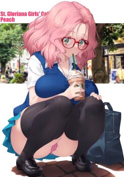 1girl ass black_thighhighs blue_skirt blush breasts cameltoe cleavage collarbone drink girls_und_panzer glasses green_eyes highres kuzuryuu_kennosuke large_breasts medium_hair microskirt panties peach_(girls_und_panzer) pink_hair pink_panties pleated_skirt school_uniform skirt solo st._gloriana&#039;s_school_uniform thighhighs underwear