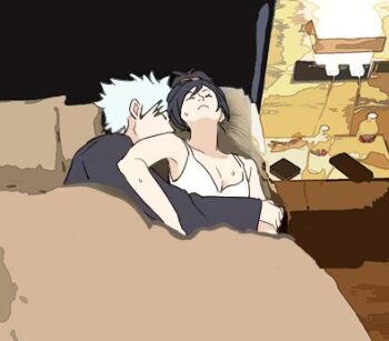 Rule 34 | 1boy, 1girl, bed, black hair, bleach, bleach: epilogue, breasts, cleavage, commentary, dress, english commentary, hetero, hitsugaya toushirou, hitsugaya toushirou (adult), hug, hug from behind, kurosaki karin, lowres, medium breasts, photo-referenced, ponytail, silegesi, sleeping, sleeves past wrists, sweat, white dress, white hair