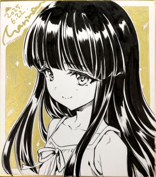 1girl bare_shoulders blush closed_mouth collarbone commentary_request dated furude_rika greyscale highres higurashi_no_naku_koro_ni long_hair marine_(confeitokobo) monochrome portrait shikishi shirt signature sleeveless sleeveless_shirt smile solo traditional_media