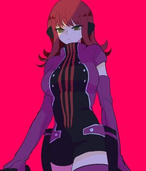 Rule 34 | 1girl, amons06170425, breasts, commentary, elbow gloves, gloves, gun, headphones, heattech leotard, holding, holding gun, holding weapon, holster, jacket, katori squad's uniform, katori youko, large breasts, leotard, long hair, purple gloves, purple jacket, purple thighhighs, red background, red hair, short sleeves, solo, thighhighs, turtleneck, weapon, world trigger, yellow eyes, zettai ryouiki