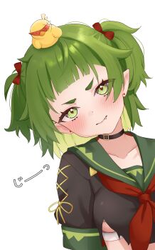 1girl absurdres animal animal_on_head anyormal bird black_choker black_shirt blush bow choker colored_inner_hair cross-laced_clothes cross-laced_sleeves duck earrings fang green_eyes green_hair green_sailor_collar hair_bow highres jewelry looking_at_viewer multicolored_hair neckerchief nitya_nil on_head phase_connect pointy_ears red_bow red_neckerchief sailor_collar shirt short_sleeves torn_clothes two_side_up virtual_youtuber white_background