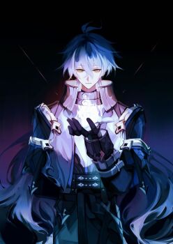 1boy antenna_hair arm_belt arm_up belt black_belt black_capelet black_coat black_gloves blue_hair capelet closed_mouth coat collared_capelet cowboy_shot empty_eyes flins_(genshin_impact) genmachi25 genshin_impact gloves gradient_hair hashtag-only_commentary high_collar highres long_hair long_sleeves male_focus multicolored_hair sleeve_cuffs smile solo standing very_long_hair yellow_eyes