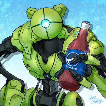 Rule 34 | artist name, blue eyes, bottle, commentary request, e.m.m.i. (metroid), highres, humanoid robot, joints, looking at viewer, mechanical arms, mechanical legs, metroid, metroid dread, nintendo, no humans, pepsi, phazon, robot, robot joints, signature, soda bottle, solo, wakaba (wata ridley), watermark