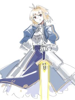 1girl absurdres arcueid_brunestud armor artoria_pendragon_(fate) blonde_hair cosplay excalibur_(fate/stay_night) fate/stay_night fate_(series) highres holding holding_sword holding_weapon jonyeld red_eyes saber_(fate) saber_(fate)_(cosplay) short_hair simple_background sketch solo sword tsukihime weapon white_background