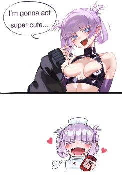 1girl bare_shoulders black_nails black_shirt blood blood_bag blood_on_clothes blood_on_mouth blood_type blue_eyes blunt_bangs blush braid braided_hair_rings breasts cleavage_cutout closed_eyes clothing_cutout colored_eyelashes crop_top cropped_torso cross drinking_blood english_text fang fangs fingernails foolish_potato hair_rings hand_up hat heart highres holding i'm_gonna_act_super_cute_(meme) long_fingernails long_sleeves looking_at_viewer medium_breasts meme multiple_views nail_polish nanakusa_nazuna_(yofukashi_no_uta) nurse_cap open_mouth puff_of_air puffy_long_sleeves puffy_sleeves purple_hair ringed_eyes shiny_clothes shiny_skin shirt short_eyebrows sidelocks simple_background sleeveless sleeveless_shirt sleeves_past_wrists smile speech_bubble split_screen thick_eyelashes tongue turtleneck turtleneck_shirt upper_body v-shaped_eyebrows vampire white_background white_hat yofukashi_no_uta