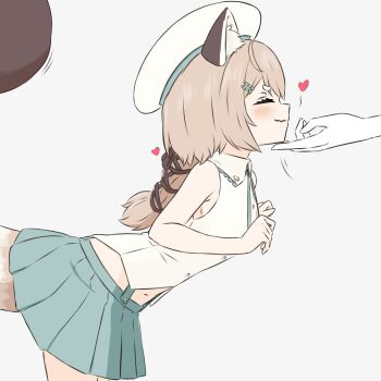absurdres animal_ear_fluff bamboo_hair_ornament brown_ribbon clothing_cutout fangs finger_to_own_chin hashtag-only_commentary hat highres kan_(kannanii) komachi_panko light_brown_hair phase_connect pleated_skirt red_panda red_panda_ears red_panda_girl red_panda_tail ribbon short_eyebrows skin_fangs skirt sleeveless stomach_cutout thick_eyebrows virtual_youtuber