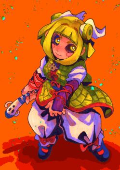 Rule 34 | 1girl, armor, black sclera, black shoes, bloomers, blunt bangs, blush stickers, colored sclera, double bun, full body, hair bun, hair ribbon, haniwa (statue), highres, inuyama konan, joutouguu mayumi, medium hair, orange background, red ribbon, ribbon, shoes, simple background, smile, solo, touhou, underwear, v-shaped eyebrows, white bloomers, white ribbon, yellow eyes