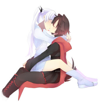 2girls animal_ears bandolier belt black_hair black_legwear blush boots bullet cape closed_eyes couple dog_ears dog_tail dress heart highres hinagi hinagi_(fox_priest) hood hug kiss lace-up_boots long_hair md5_mismatch multiple_girls pantyhose ponytail red_hair ruby_rose rwby short_hair side_ponytail sitting sitting_on_lap sitting_on_person skirt tail weiss_schnee white_hair yuri