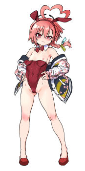 1girl absurdres ahoge animal_ears bare_legs bare_shoulders blue_archive blush bow bowtie braid breasts breasts_out cameltoe closed_mouth commentary_request covered_navel detached_collar fake_animal_ears flat_chest full_body gluteal_fold groin hair_behind_ear halo hands_on_own_hips highres jacket leotard long_hair looking_at_viewer mole mole_under_each_eye mole_under_eye multiple_moles neru_(blue_archive) neru_(bunny)_(blue_archive) off_shoulder pink_hair playboy_bunny rabbit_ears red_eyes red_leotard shiwasu_no_okina simple_background small_breasts solo standing strapless strapless_leotard traditional_bowtie variant_set wardrobe_malfunction white_background