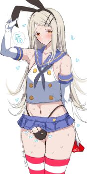 1boy absurdres black_panties blonde_hair blush bow condom condom_box cosplay crossdressing crossdressing_(mtf) elbow_gloves gakuen_idolmaster gloves hair_bow highres idolmaster long_hair mars_symbol microskirt neckerchief orange_eyes panties penis rihito_akane shimakaze_(kancolle)_(cosplay) shinosawa_hiro skirt small_penis spoken_mars_symbol striped_clothes striped_thighhighs thighhighs thong trap underwear