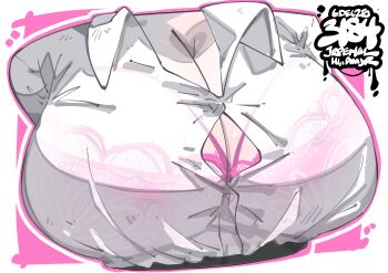 1girl absurdres artist_name border bra bra_visible_through_clothes breast_focus breasts button_gap cleavage collared_shirt commentary cropped_torso english_commentary highres jrpencil large_breasts original outside_border pink_bra see-through_clothes see-through_shirt shirt shirt_tucked_in solo underwear white_border white_shirt