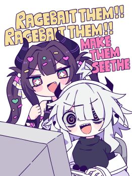 +_+ 2girls @_@ absurdres ahoge bags_under_eyes black_horns black_sweater blush clenched_hand commentary computer computer_keyboard english_commentary english_text fang hair_between_eyes hair_ornament hair_ribbon heart heart_hair_ornament highres horns long_sleeves melonbread multiple_girls off_shoulder open_mouth q-chan_(yunyun_denpa_syndrome) ribbon sharp_teeth sidelocks simple_background sparkle_hair_ornament sweater teeth turtleneck turtleneck_sweater twintails white_background white_ribbon yunyun_(yunyun_denpa_syndrome) yunyun_denpa_syndrome