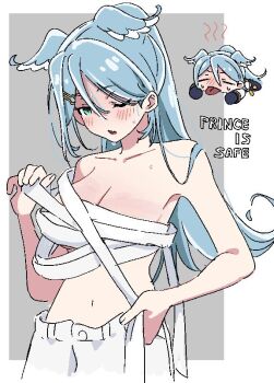 1girl alternate_costume alternate_hairstyle anime_coloring bandages bandeau bare_shoulders blue_hair blue_wings blush breasts chest_sarashi chibi chibi_inset closed_eyes collarbone commentary diamond-shaped_pupils diamond_(shape) elira_pendora english_commentary fang green_eyes hair_behind_ear hair_ornament hairclip head_wings holding_bandages large_breasts long_hair looking_down midriff navel nijisanji nijisanji_en nijisanji_idol_uniform npppiyo one_eye_closed open_mouth pants ponytail sarashi sidelocks skin_fang solo sweat symbol-shaped_pupils tongue tongue_out undone_sarashi untying upper_body virtual_youtuber white_pants wings