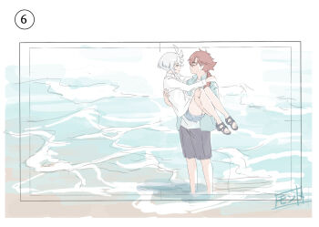 Rule 34 | 2girls, black sandals, blue shirt, blue shorts, carrying, closed eyes, commentary request, grey eyes, grey shorts, gundam, gundam suisei no majo, hand on another's shoulder, highres, long hair, miorine rembran, monto (user dmde2437), multiple girls, ocean, outdoors, ponytail, princess carry, red hair, sandals, scar, scar on face, shirt, short hair, shorts, suletta mercury, thick eyebrows, wading, white hair, white shirt, yuri