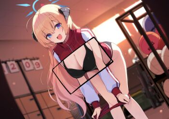 Rule 34 | 1girl, akari (blue archive), black bra, black horns, black panties, blonde hair, blue archive, blue eyes, blue halo, blurry, blurry background, bra, braid, braided bangs, breasts, buruma, buruma pull, clothes pull, commentary request, ddangbi, demon girl, demon horns, forward-facing horns, gym storeroom, halo, heart, heart-shaped pupils, highres, horns, indoors, jacket, large breasts, leaning forward, light particles, long sleeves, looking at viewer, open mouth, panties, pulling own clothes, red buruma, red jacket, revealing layer, smile, solo, standing, symbol-shaped pupils, teeth, thighs, track jacket, underwear, upper teeth only, white sleeves, x-ray vision